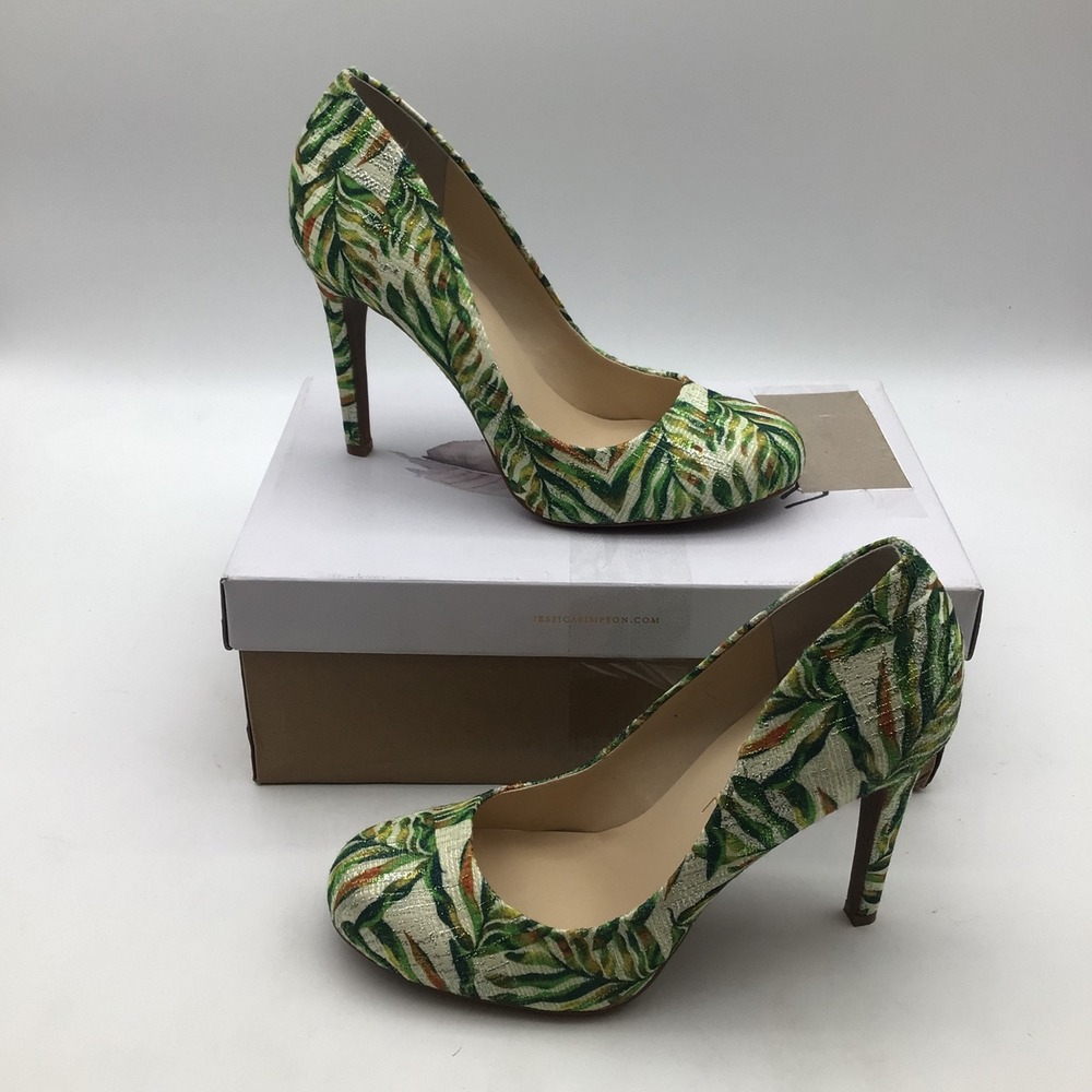 Jessica‎ Simpson Calie Green Jungle Jacquard Palm Leaf Pumps Heels Size 9 M NEW